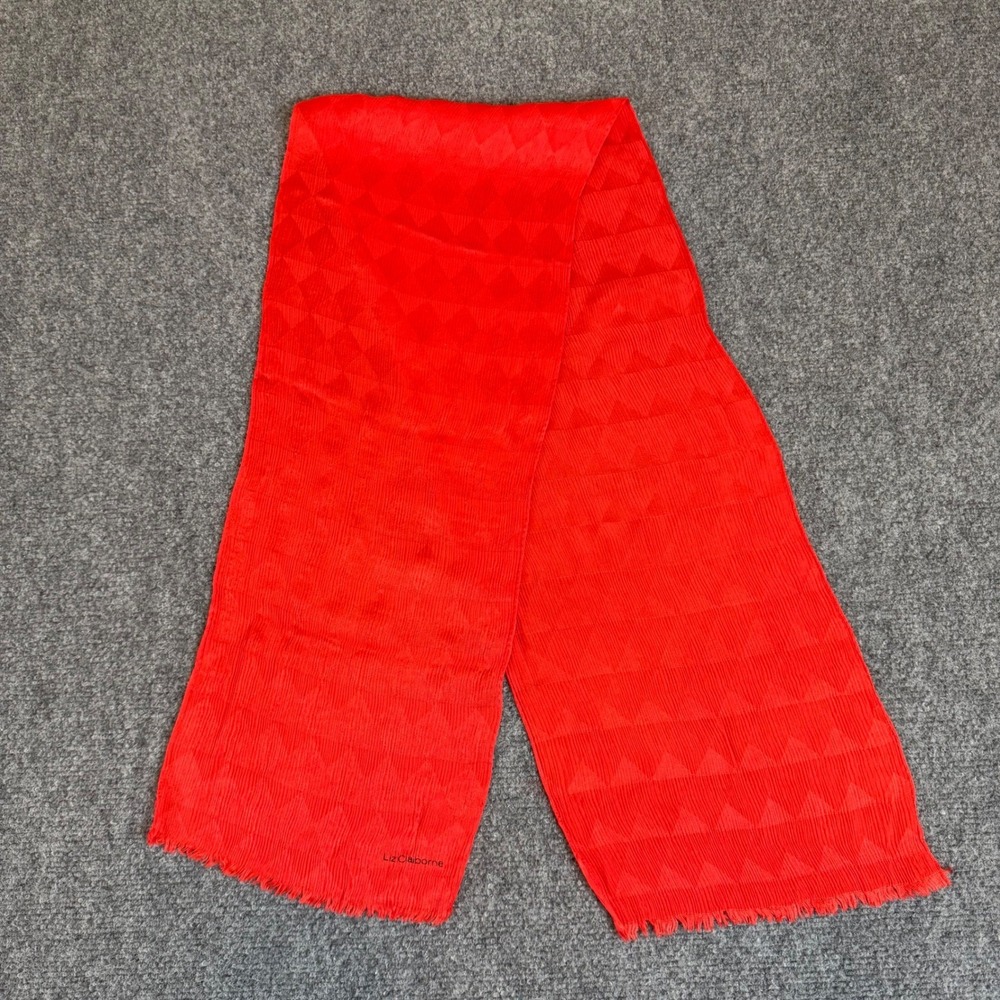 Vintage Liz Claiborne Red Geometric Triangle Jacquard Scarf Eyelash Fringe 50in